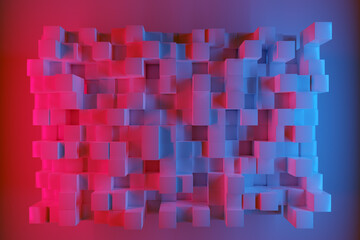 3d illustration of rows of  pink and blue neon squares .Set of cubes on monocrome background, pattern. Geometry  background