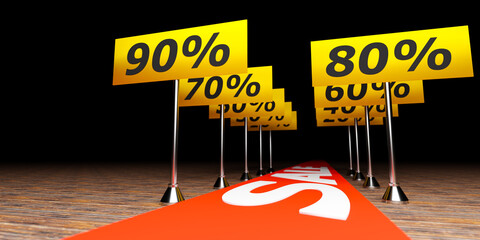3d illustration concept of inviting a buyer for a sale. Banner design on the red carpet with the inscription SALE, and along the plate with discounts on the legs. 