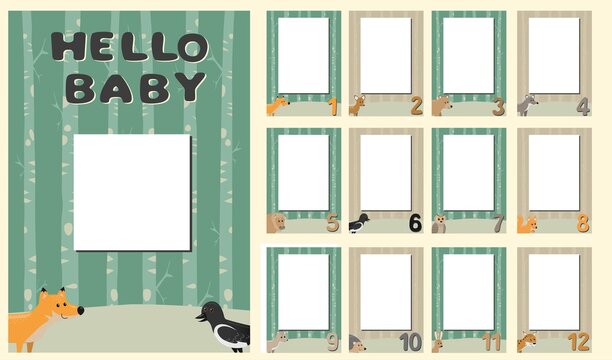 Baby's monthly template for best photos in neutral colors with cute forest animals, set of frames