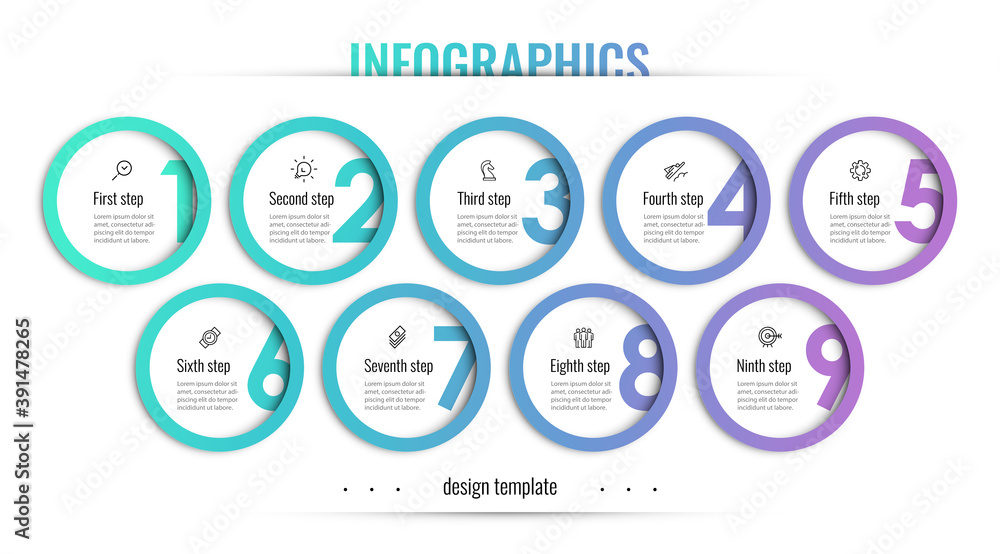 Wall mural Vector Infographic design template with icons and 9 options or steps. Can be used for process diagram, presentations, workflow layout, banner, flow chart, info graph.