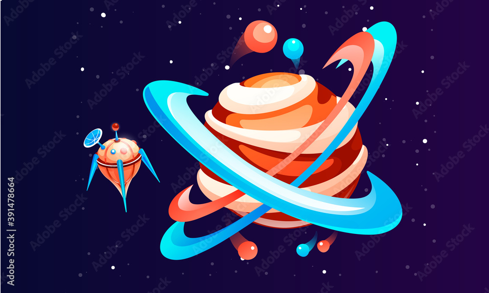 Poster space game elements. cartoon luminous shine cosmic objects rotates, approaching the spaceship on out