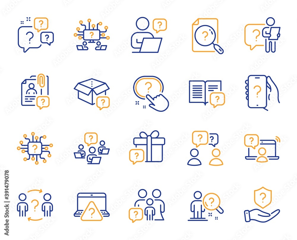 Poster questions line icons. artificial intelligence computer, phone with question mark, problem solve. qui