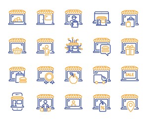 Market store line icons. Online Marketplace, Wholesale Shop, Network Marketing. Store showcase, grocery shop, buyer line icons. Retail seller, fresh market, food delivery. Marketplace app. Vector