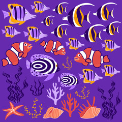 Tropical fish collection. Cute cartoon underwater creatures, shells and seawead on purple background. Vector illustration.