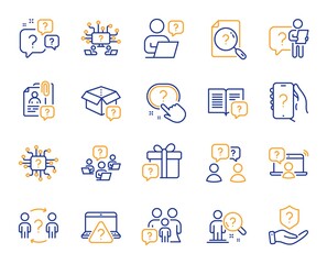Questions line icons. Artificial Intelligence computer, phone with Question mark, Problem solve. Quiz, faq guide, job interview line icons. Ask person, question bubble, family problem. Vector
