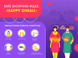 Safety measures to take care while Shopping in Diwali concept with young Indian couples.