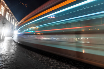 jerusalem-israel. 28-10-2020. Long exposure at night, the light rail in Jerusalem on Jaffa Street