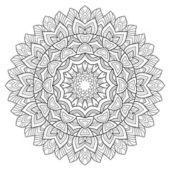 Decorative floral mandala with small and middle patterns on white isolated background. For coloring book pages.
