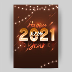 2021 Happy New Year Text On Brown Background Decorated With Illuminated Lighting Garland.