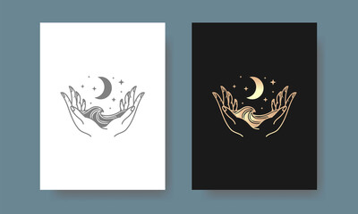 Moon, wave and hand gold logo, spiritual guidance tarot reader Colorful gradient design. illustration.