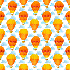 Hot air balloon watercolor seamless pattern, Kids illustration