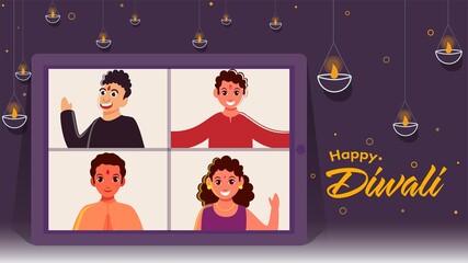 Cheerful Kids Having Video Chat Together on Smartphone Screen with Lit Oil Lamps (Diya) for Happy Diwali Celebration.