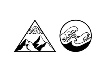Mountain in a triangular frame and waves in a circular frame, black and white color. For spiritual guidance, tarot readers and tattoos.