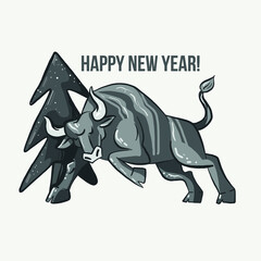 metal bull new year symbol. Chinese horoscope symbol. Snowflakes and lettering calligraphy congratulations Happy New Year.