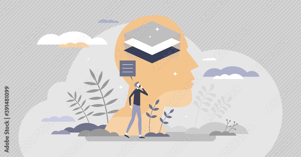 Poster thought layers in mind as multiple different thoughts tiny person concept