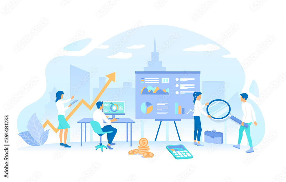 Poster audit team checks information data, documents, makes calculations. auditing, analysis, accounting, a