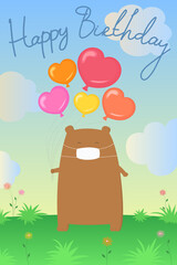 Birthday poster. Animal in mask hold helium balloons. Cartoon style. Vector illustration.