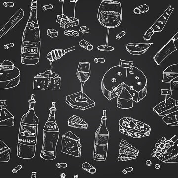 Cheese and wine store seamless pattern with food and drink hand drawn doodles. Vector illustration
