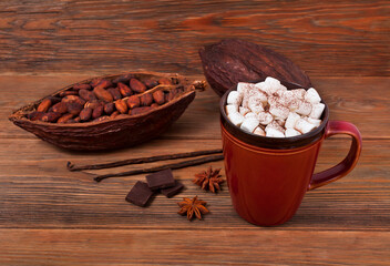 Red cup of cacao drink with marshmallows, chocolate, spices, cocoa pod and cacao beans on a wooden background. Copy space. Winter drink concept.