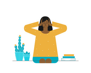 Vector flat concept. African american student sits at home closing ears by hands. Too much information noise is global problem of mental healt. Woman is frustrated, tired after professonal burnout