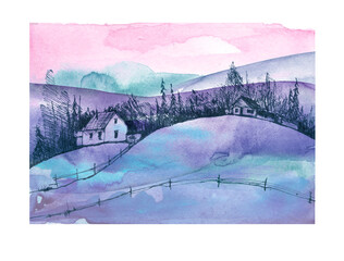 Countryside landscape. Illustration of watercolors and black mascara. Abstract blue, purple splash of paint. Silhouettes the village. Watercolor logo, postcard. Forest Landscape
