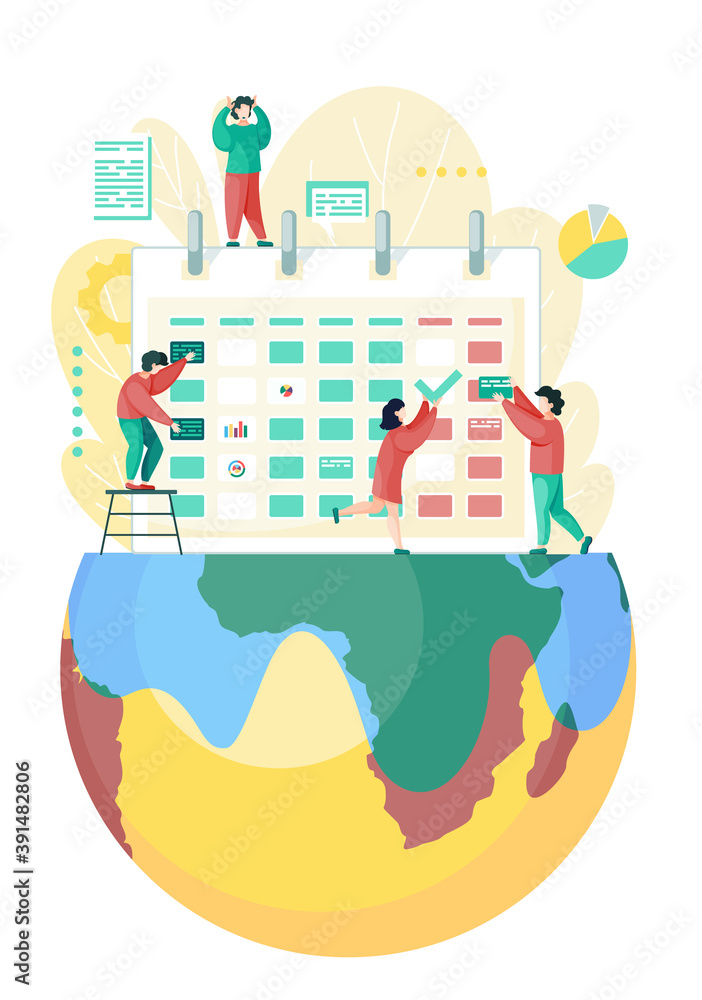 Poster planning and organization of tasks on board calendar. group of tiny business people make plan. chara