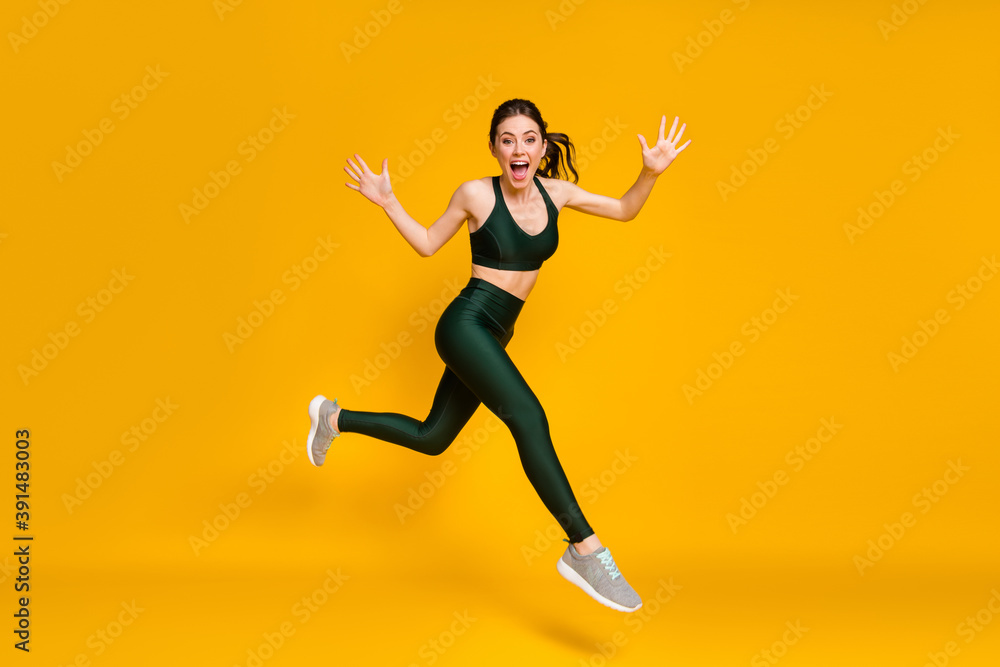 Poster Profile photo of sportive lady jump high training marathon race competitive wear sports suit shoes isolated yellow color background