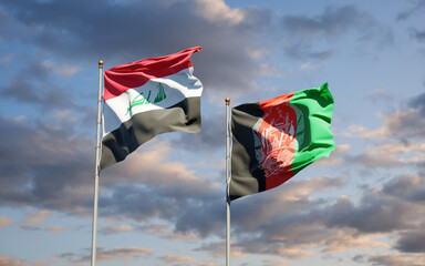 Beautiful national state flags of Iraq and Afghanistan together at the sky background. 3D artwork concept.