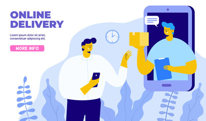 Young man receiving parcel from delivery service courier through smart phone screen. Application concept for online shopping and order delivery. Internet Delivery concept. Flat vector illustration