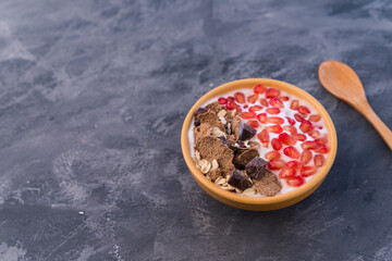 Fototapeta na wymiar natural yogurt with black chocolate and spelt cereals