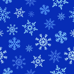 Fototapeta na wymiar Blue snowflake doodle seamless pattern on blue background. Winter elements and symbol for holidays card, print, events, wrapping paper and textile