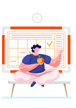 A Man Is Sitting On The Couch Eating The Apple At Home. Schedule With Notes On The Background. The Guy Is Bored Alone Sitting In His Apartment. Boredom During Rest. Eating Fresh Fruit And Vegetables