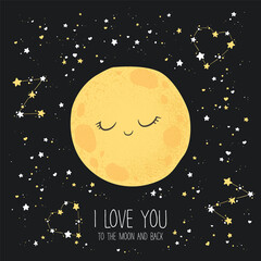 Fototapeta premium Vector illustration with cute hand drawn cartoon moon, stars and quote I love you to the moon and back isolated on black background. Design for print, fabric, wallpaper, card