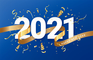 Happy new 2021 year. Winter holiday greeting card design template with golden confetti and tape, ribbon. New Year holiday posters. Happy New Year dark festive background. Vector illustration.