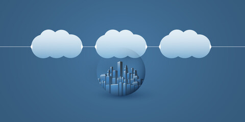 Smart City, Cloud Computing Design Concept with Transparent Globe and Cityscape - Digital Network Connections, Technology Background