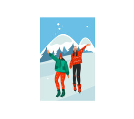 Hand drawn vector abstract stock flat Merry Christmas,and Happy New Year time cartoon festive card with cute illustrations of Xmas happy girls walking together isolated on winter landscape background