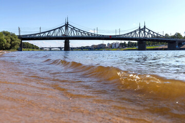 Tver. Tver region. Walk along the Volga. View of the New Volga bridge and the old Volga bridge.