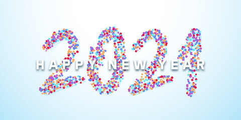Happy New Year 2021 with calligraphic text made of colorful confetti. Vector illustration background for new year's eve and new year resolutions and happy wishes