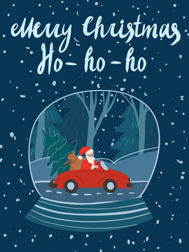 Greeting card Vector image  of Merry Christmas snow globe with New Year snow flakes. Santa riding in car on a road with spruce tree and presents behind it on snowy forest and night sky in winter.