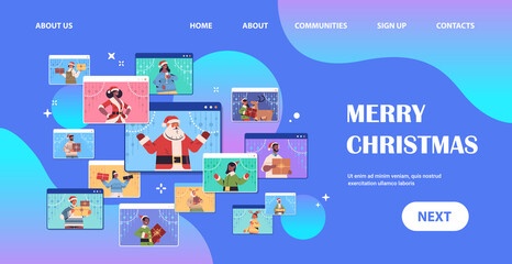 set mix race people discussing during video call happy new year merry christmas holidays celebration web browser windows self isolation online communication portrait copy space horizontal vector