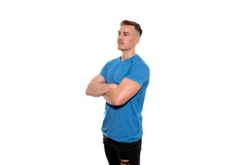 Fototapeta premium Handsome young and fit man in t-shirt with fitness watch on isolated background