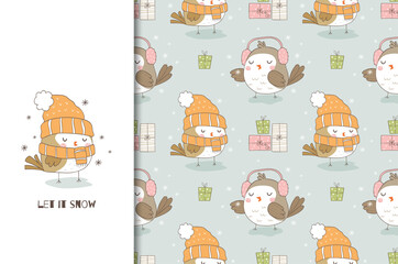 Cute cartoon bird in knitted hat and scarf. Christmas card and seamless background pattern. Hand drawn surface design vector illustration