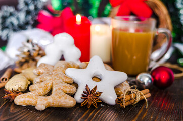 hot drink and christmas gingerbread cookie