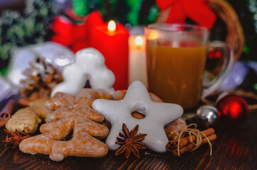 hot drink and christmas gingerbread cookie