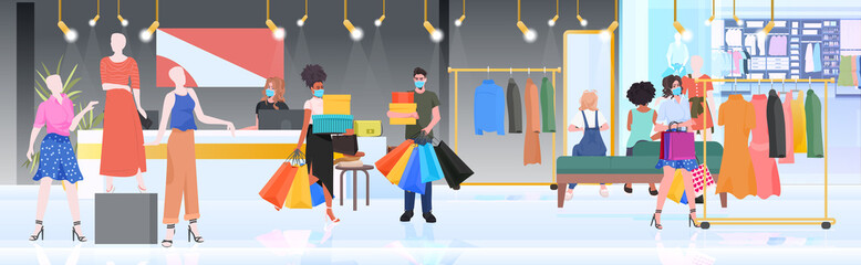 people in masks walking with purchases black friday big sale promotion discount concept shopping mall interior full length horizontal vector illustration