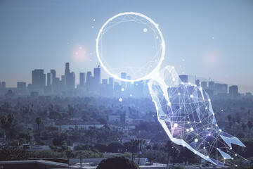 Double exposure of start up theme drawings over cityscape background. Concept of success.
