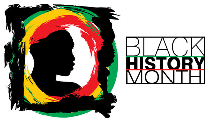 An abstract vector illustration of Black History Month on patriotic color brush strokes with a black afro-man on an isolated black background 