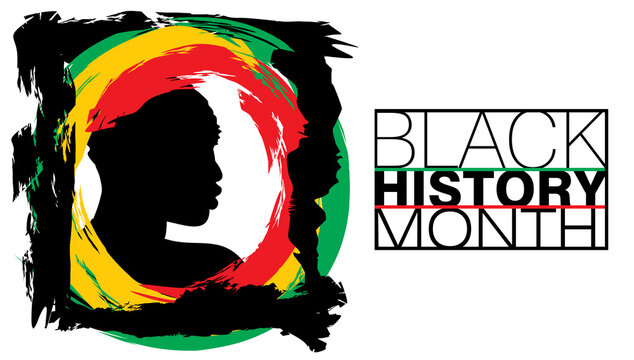 An abstract vector illustration of Black History Month on patriotic color brush strokes with a black afro-man on an isolated black background 
