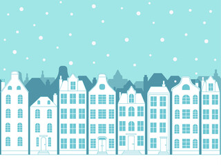 Vector image of a snow-covered city in monochrome. Seamless image. Winter atmosphere of the city. Flat illustration.