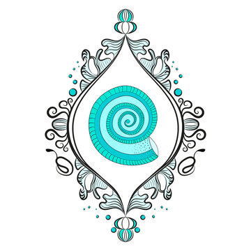 Single shell in a frame. Spiral. Victorian era, beautiful frame. Blue color of the composition. Isolated white background.